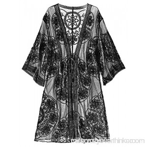 ZAFUL Embroidered Sheer Lace Tie Front Kimono Cover Up Black B07NMWN9P9
